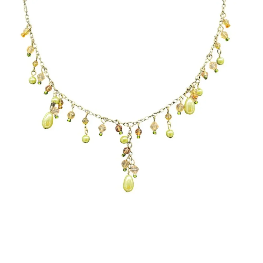Green Beaded Y Drop Chain Necklace Brass Tone Chic Elegant Boho